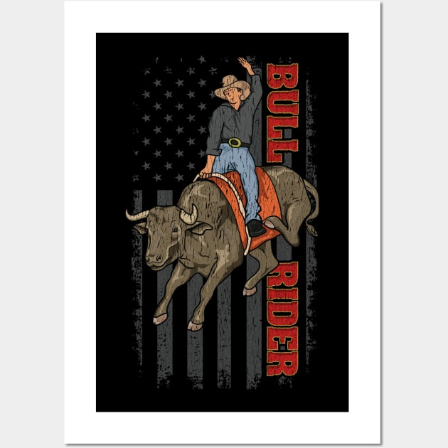 Vintage American Flag Bull Riding Gift Rodeo Bull Rider Wall Art by Proficient Tees